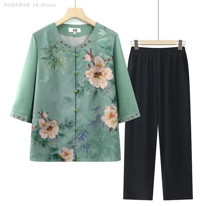 

Summer Chinese Traditional Tang Suit Women's Retro Printed Shirt Pant Two Piece Set Middle Aged Mother Clothing Outside Outfit