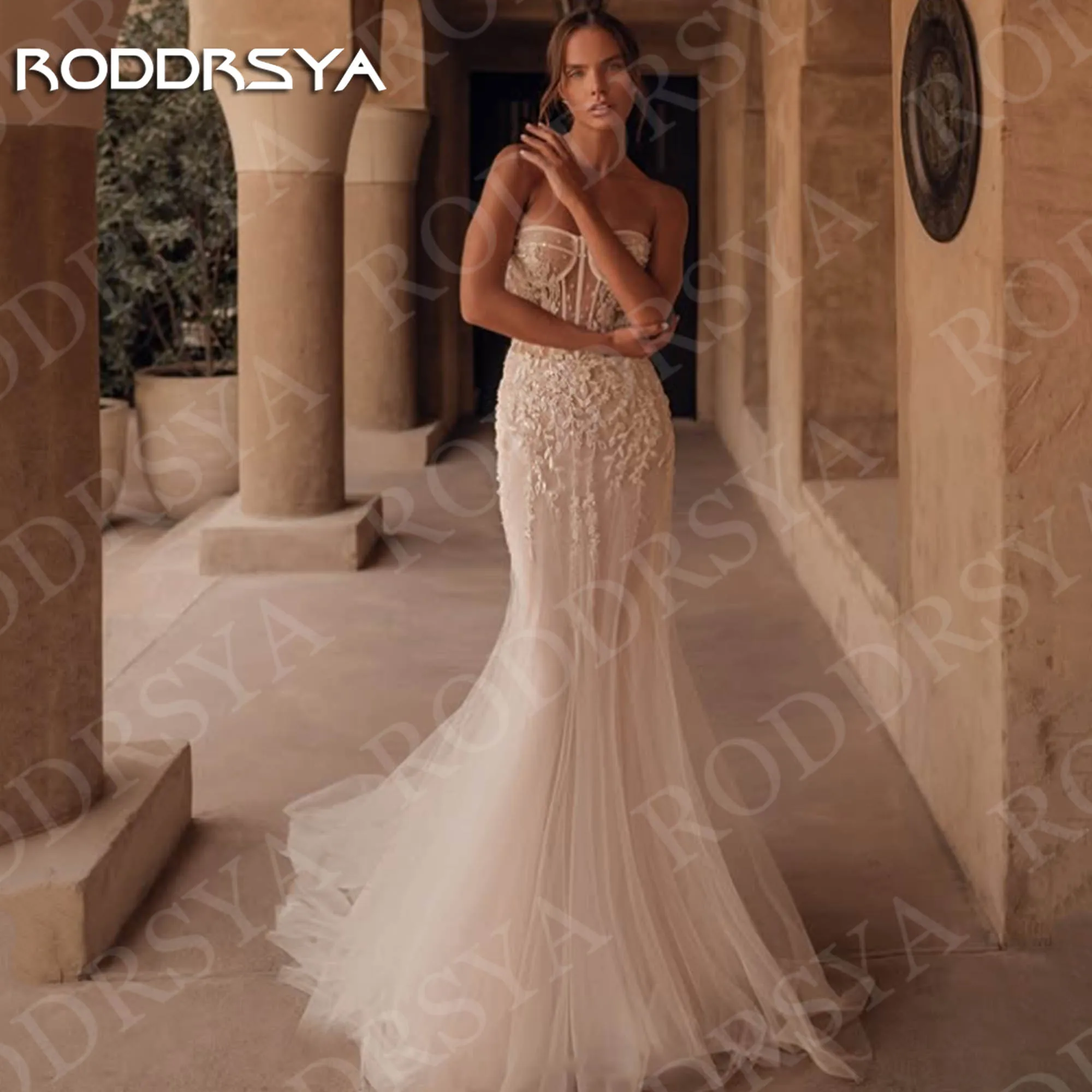 RODDRSYA Elegant Mermaid Wedding Dress for Bride robe de mariée Romantic Strapless Lace Appliques Tulle Bridal Gown Customized