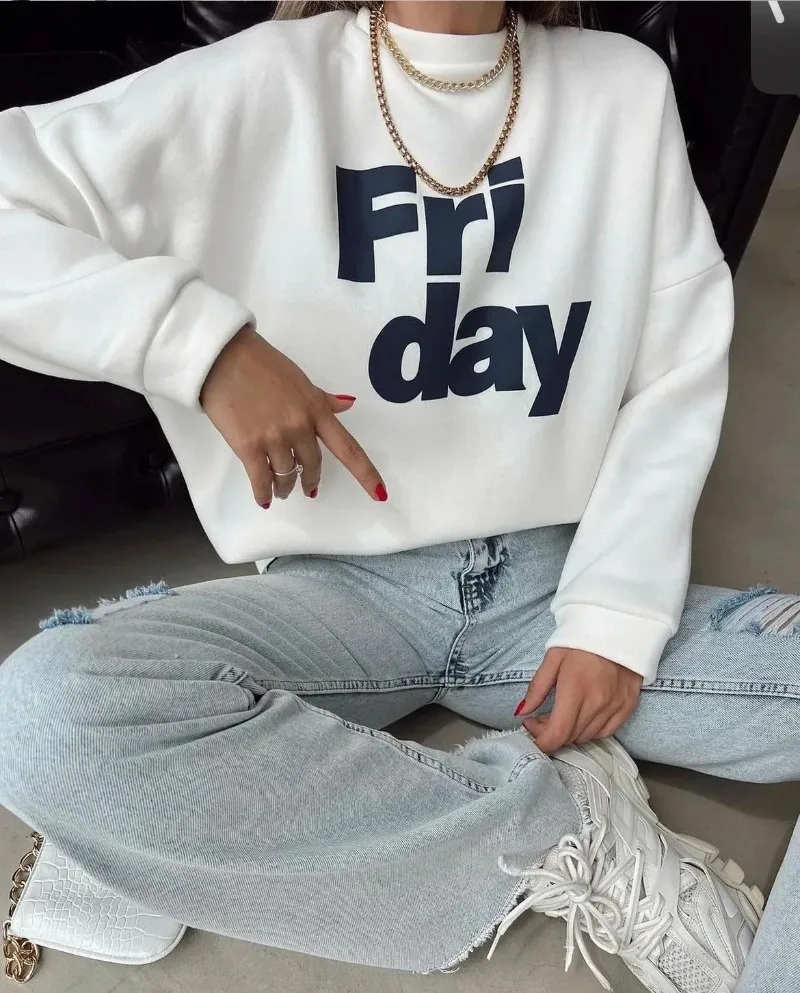 Women Soft O Neck Ladies Vintage Pullovers Casual Tops Hirsionsan 2024 New Spring Autumn Casual “Friday” Letter Print Sweatshirt