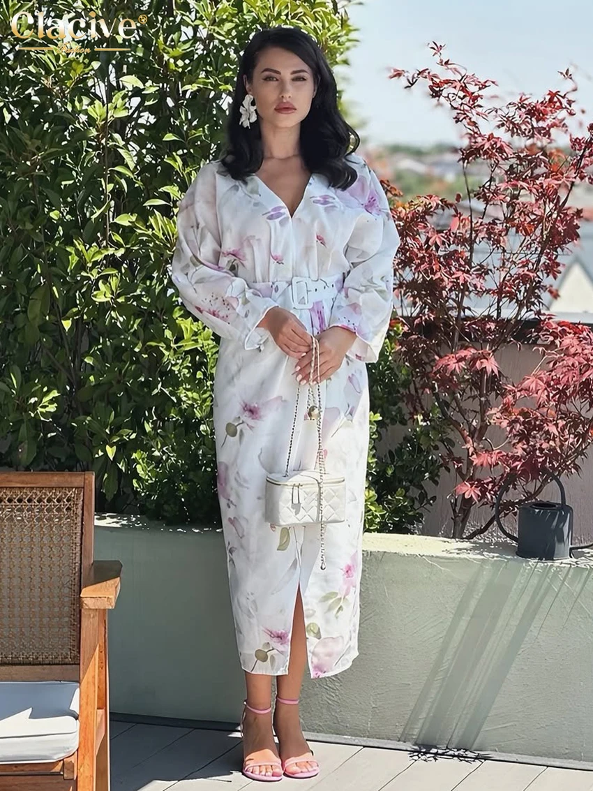 

Clacive Fashion Loose Print Women Dress 2026 Spring V-Neck Long Sleeve Midi Dresses Elegant Classic Belt Female Dress Streetwear