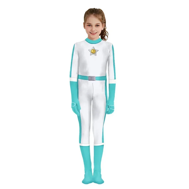 Crianças princesa pêssego cosplay macacão rosalina bodysuit traje margarida catsuit festa de halloween meninas zentai terno mn11