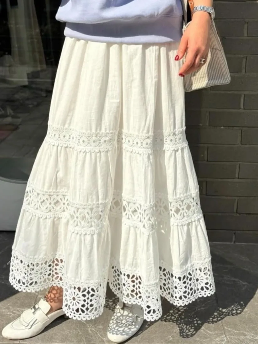 

Ele Spring Court Sle Embroidered Hollow out A-Line Midi Skirt Women's Loose Fit Elastic Waist Slimming Long Skirt