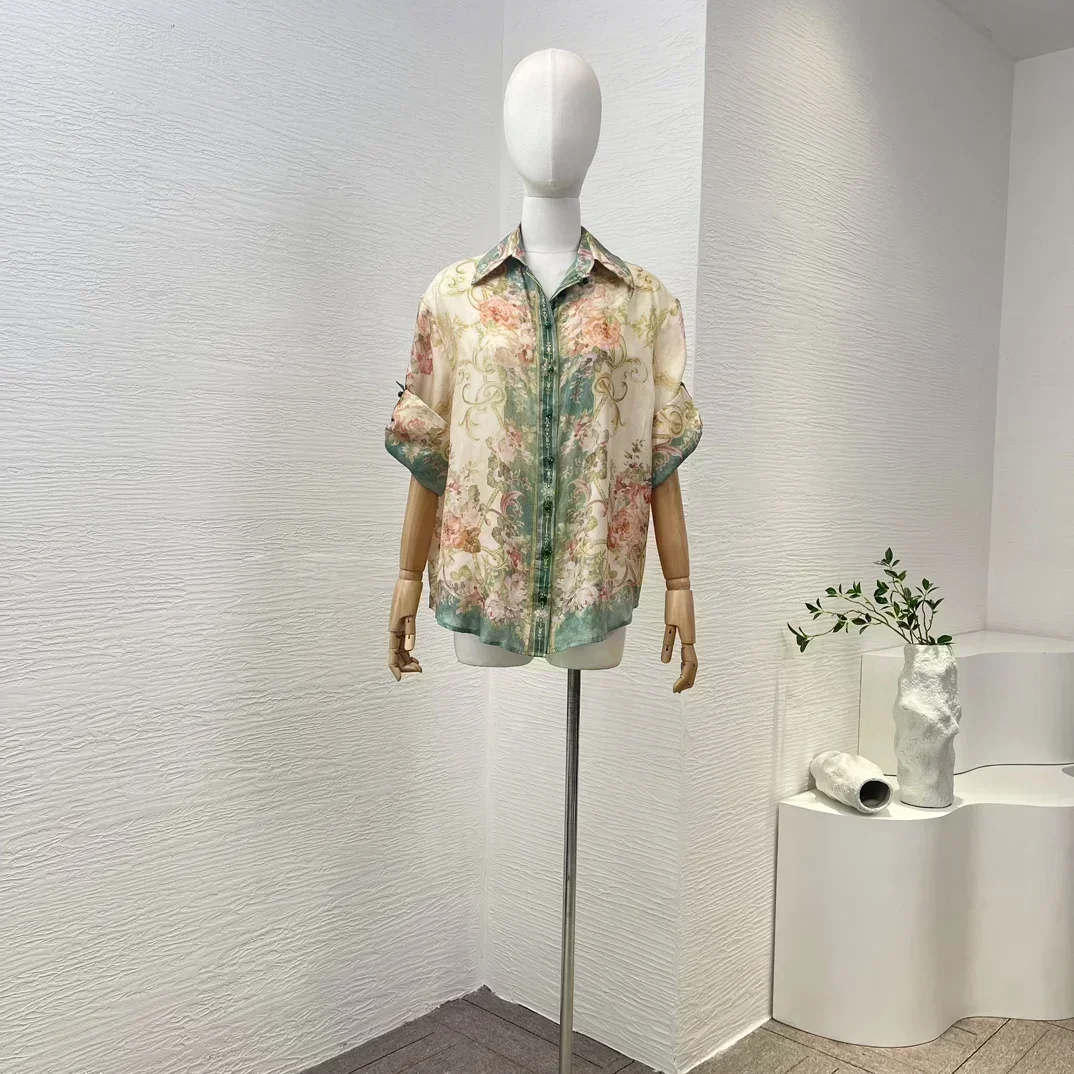 

2023 New Silk Top Quality Green Vintage Floral Print Loose Blouse and Drawstring Self Tie Elastic Waist Pants Women Casual Set