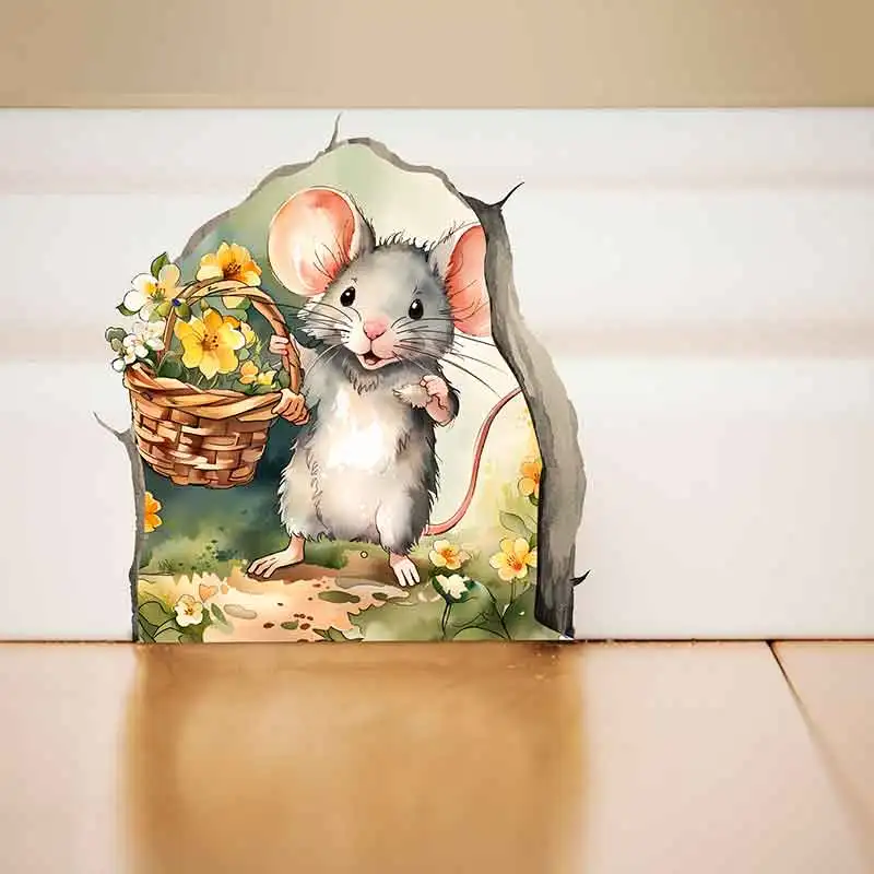 M421 Cartoon Mouse Hole Wall Stickers Children Bedroom Baseboard Home Decoration Funny Wall Decals Diy Rat Animal Mural Art