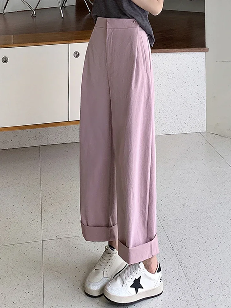 Summer Street Solid Color Chic Elastic High Waist Female Wide Leg Pants New Fashion Straight Simple Casual XS-XL Women Y2k Pants