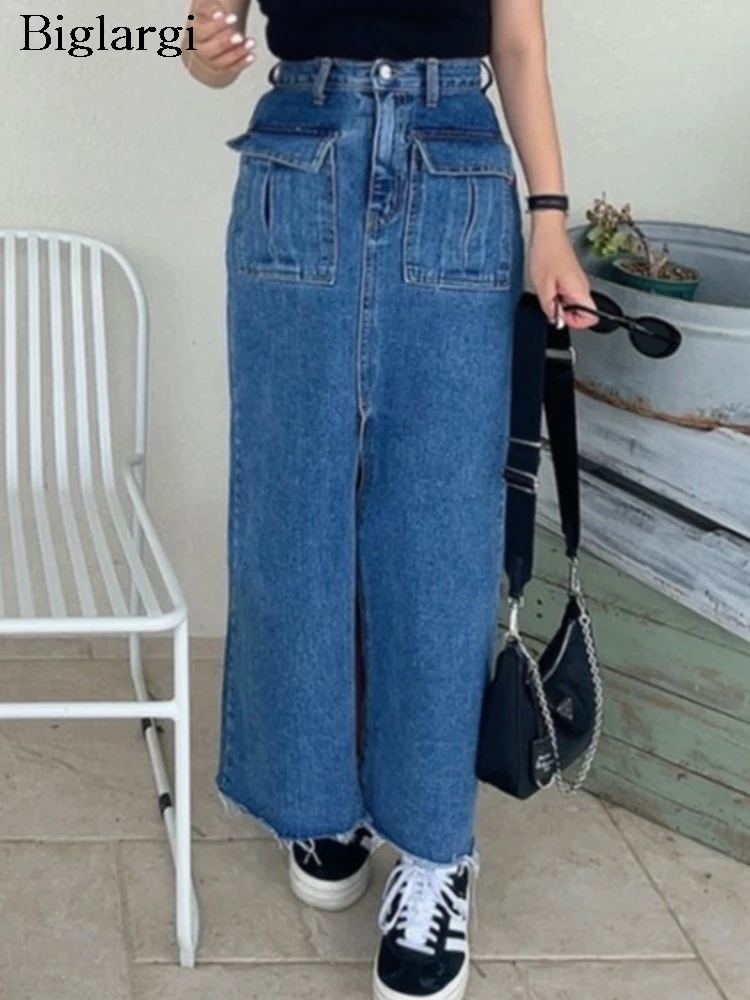 

Denim Retro Summer Long Skirt Women High Waist Fashion Split Pleated Ladies Skirts Korean Style Loose Woman Straight Skirts