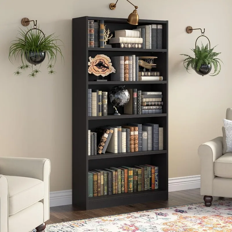 Universal Tall 5 Shelf Bookcase in Black, Vertical Storage and Display Bookshelf for Home Office or Living Room Organization