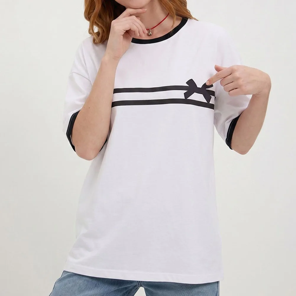 Women's Loose Fit O Neck Short Sleeve Pullover Tee with Bow Detail and Contrast Color Trim for Casual Daily Wear