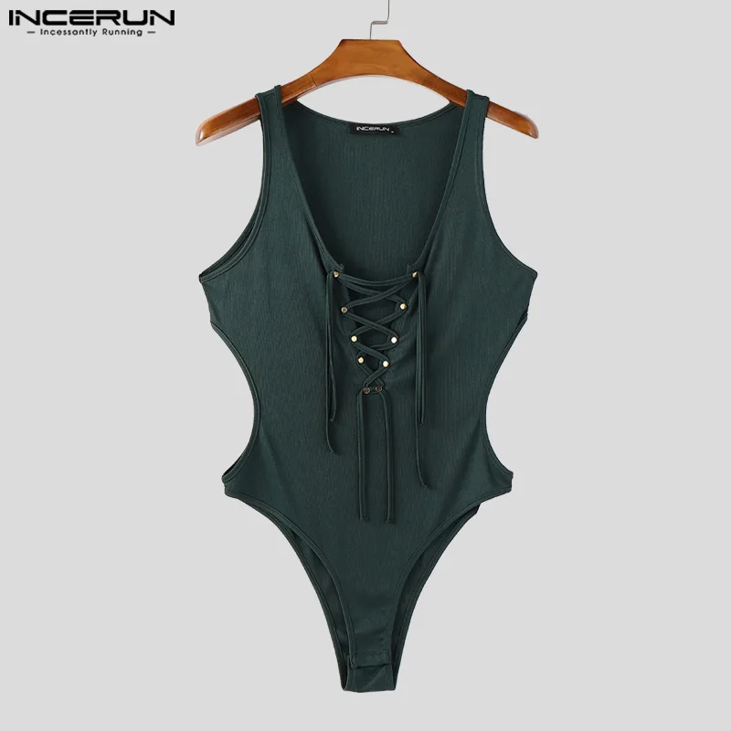

INCERUN 2025 Men Bodysuits Solid Color V Neck Sleeveless Hollow Out Male Rompers Sexy Summer Skinny Fashion Men Bodysuit S-3XL