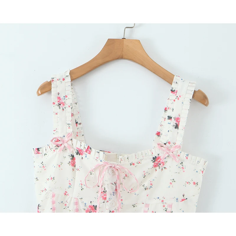 Sweet Floral Print Plaid Spliced Summer Mini Dress Women Elegant A-line Slim Low Waist Short Tank Dresses Party Robe