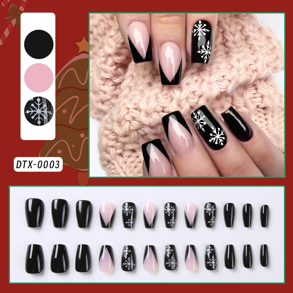 

24Pcs Snowflakes Black Fake Nails Set Short Coffin Mixed Pattern Adhesive Detachable Press On Nails Christmas Women Nails Tips