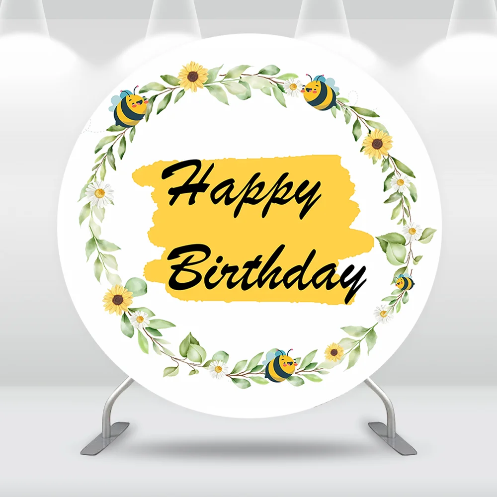 Bee First Birthday Round Backdrop Cover Sunflower Honey Bee Baby Shower Background Photography Cake Table Decoration