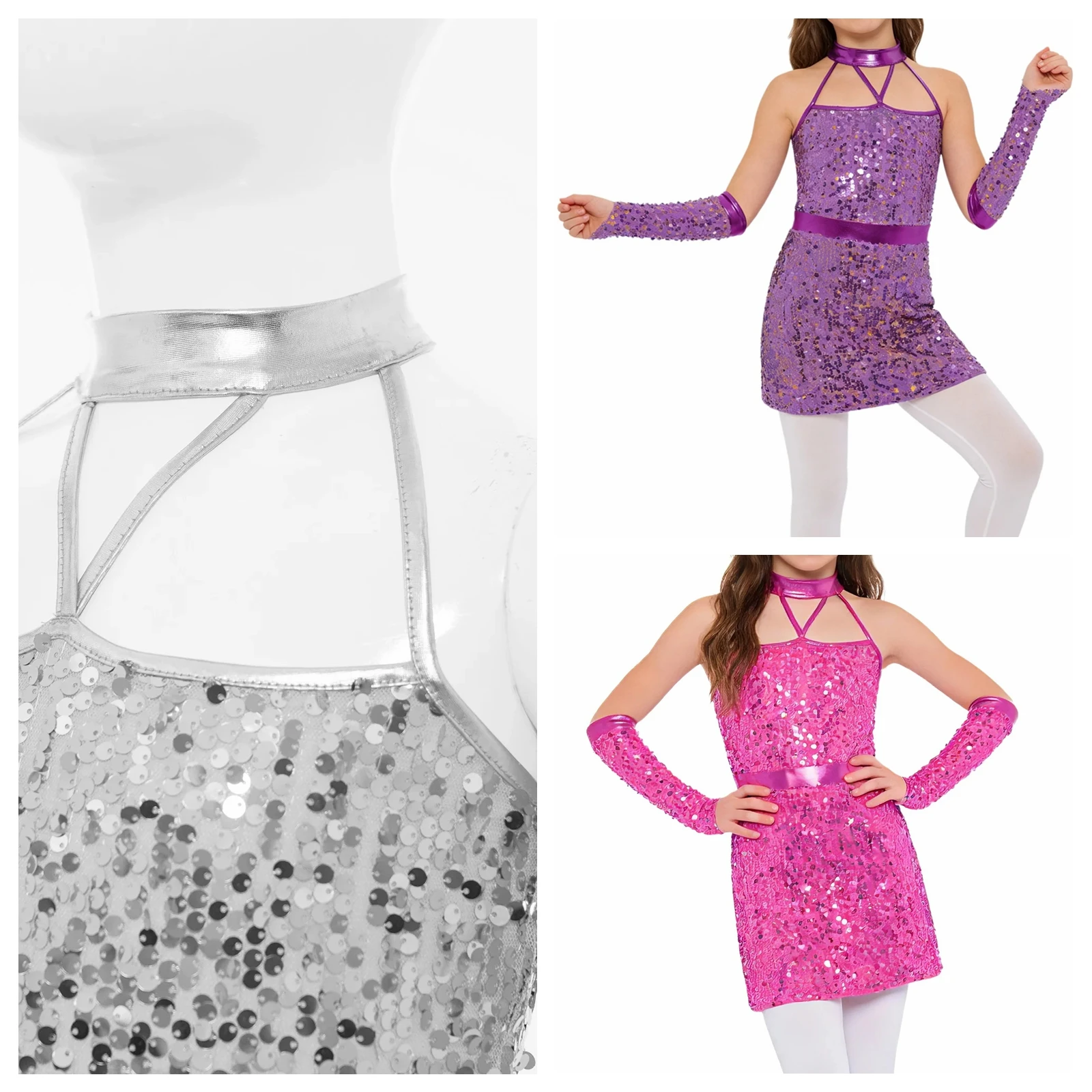 

Костюм для диско-танцев с перчатками для девочек, детский костюм для джазовых выступлений, платье без рукавов с блестящими пайетками и бретелями на шее