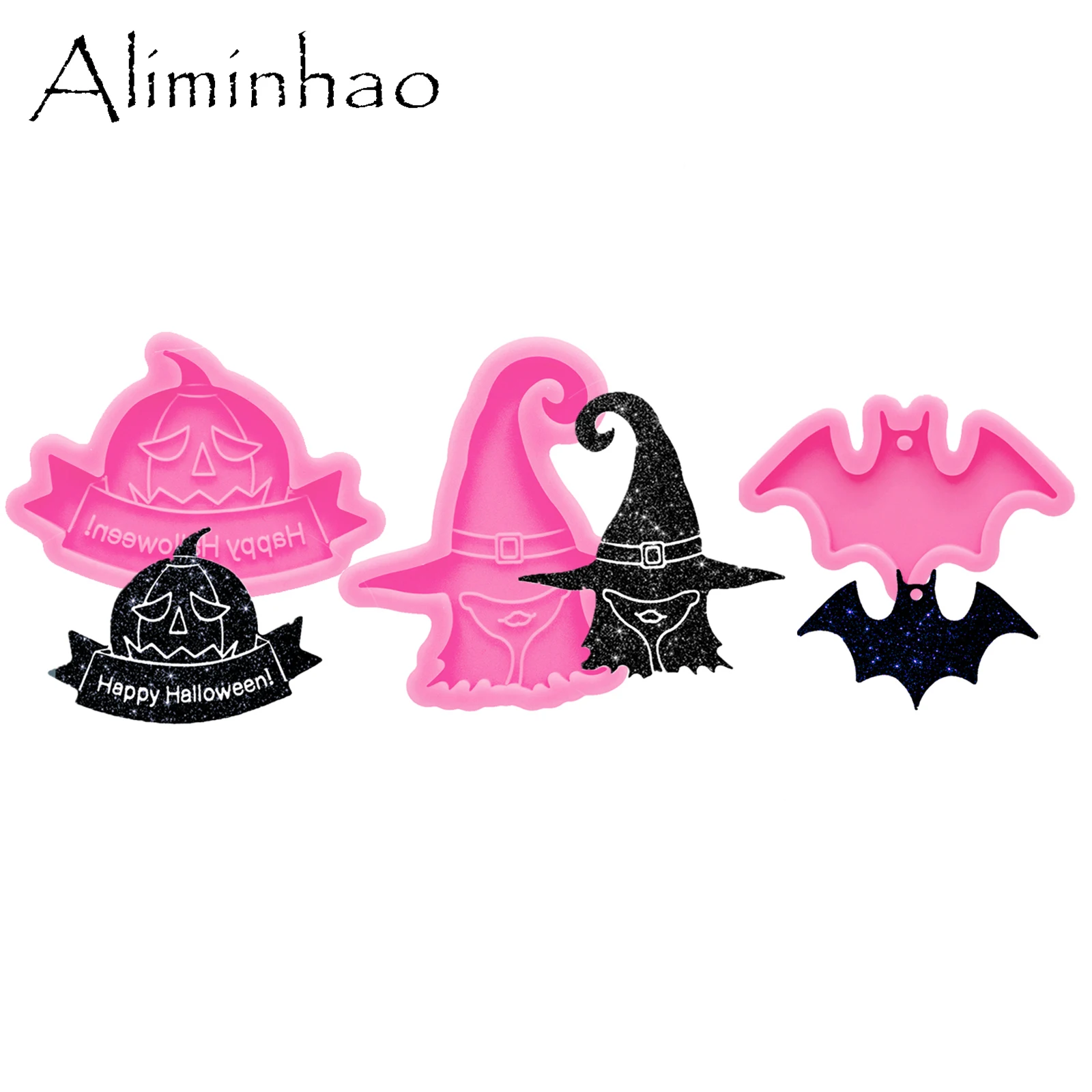 DY1231 Gloss Halloween Bat Witch Molds Epoxy Resin Keychain Mold,  Flexible Polymer Clay Pumpkin Mold Fondant Chocolate