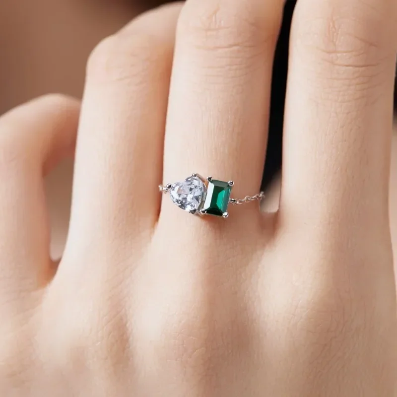 

Shining U S925 Silver Heart Square Emrald Zircon Ring for Women Fine Jewelry Adjustable New Year Gift