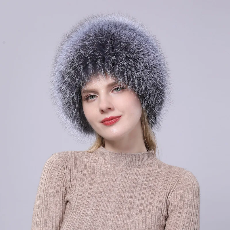 2024 Brand Women Natural Real Fox Fur Hat Winter Real Fox Fur Beanies Caps Handmade Warm Soft Knitted Real Fox Fur Skullies Cap