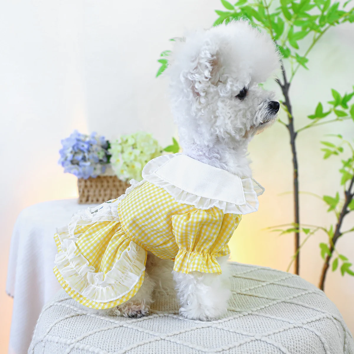 1PC Pet Clothing Cat Spring/Summer Breathable Yellow Plaid Countryside Style Princess Dress Suitable for Small and Medium Dogs