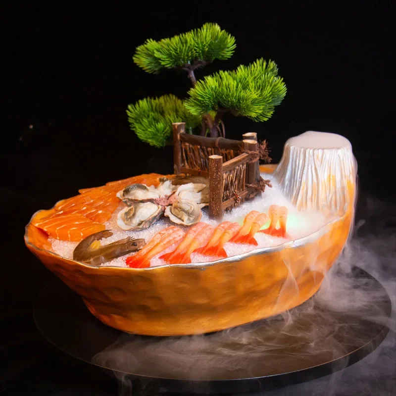 

Salmon Sashimi Plate Dry Ice Tableware Fujiyama He Niu Hot Pot Restaurant Grilled Meat Seafood Platter