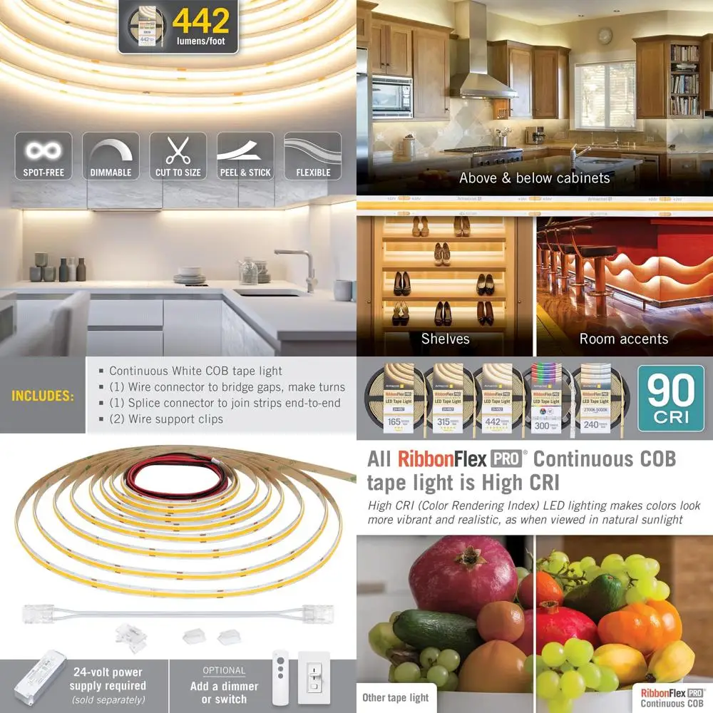 

24V 3000K Warm White COB LED Strip Light, 442 Lumens/Ft, 10M Length 173250