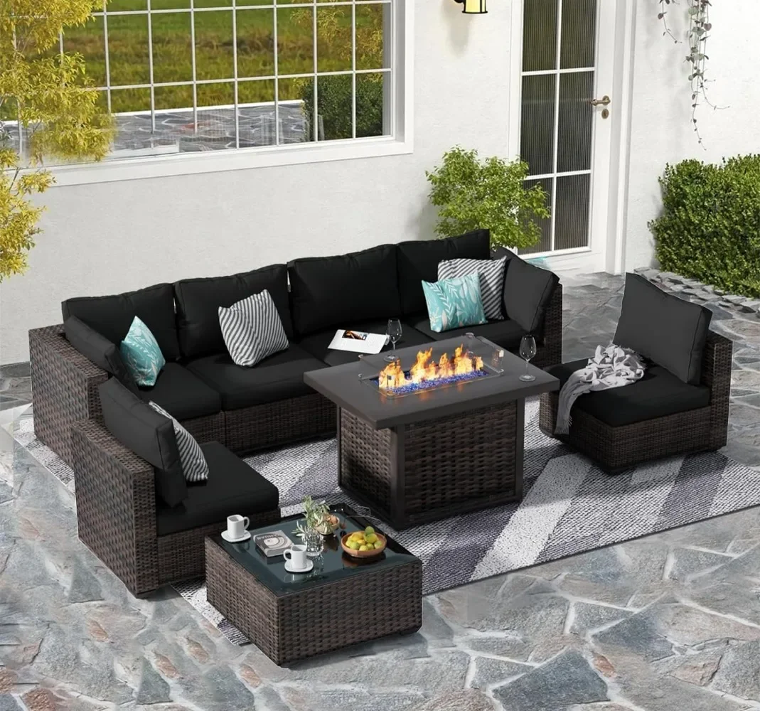 8 Piece Patio Furniture Sets with Fire Pit Table All Weather Outdoor Sectional PE Rattan Patio Conversation Sets with Cushions