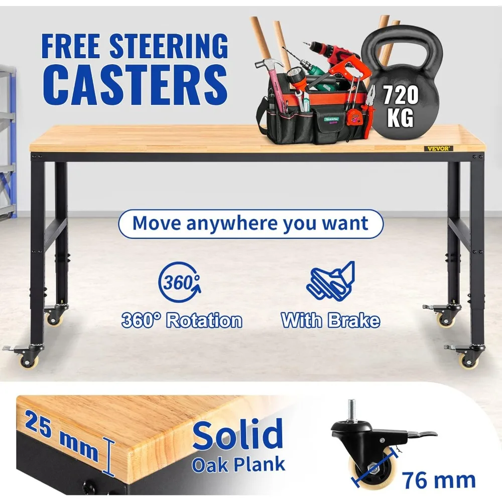 Adjustable Workbench, 48" L X 24" W Hardwood Work Bench with Universal Wheels & Foot Pads, 2000 LBS Load Capacity Heavy-Duty