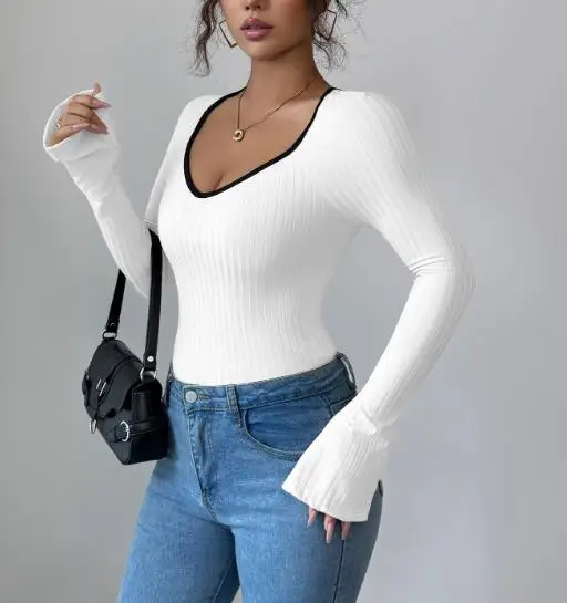 

Sexy Y2K Tops Minimalist Style Long Sleeved Slim Fit Pullover Tops for Women's Clothing U-Neck Elegant Women's Autumn Base Top