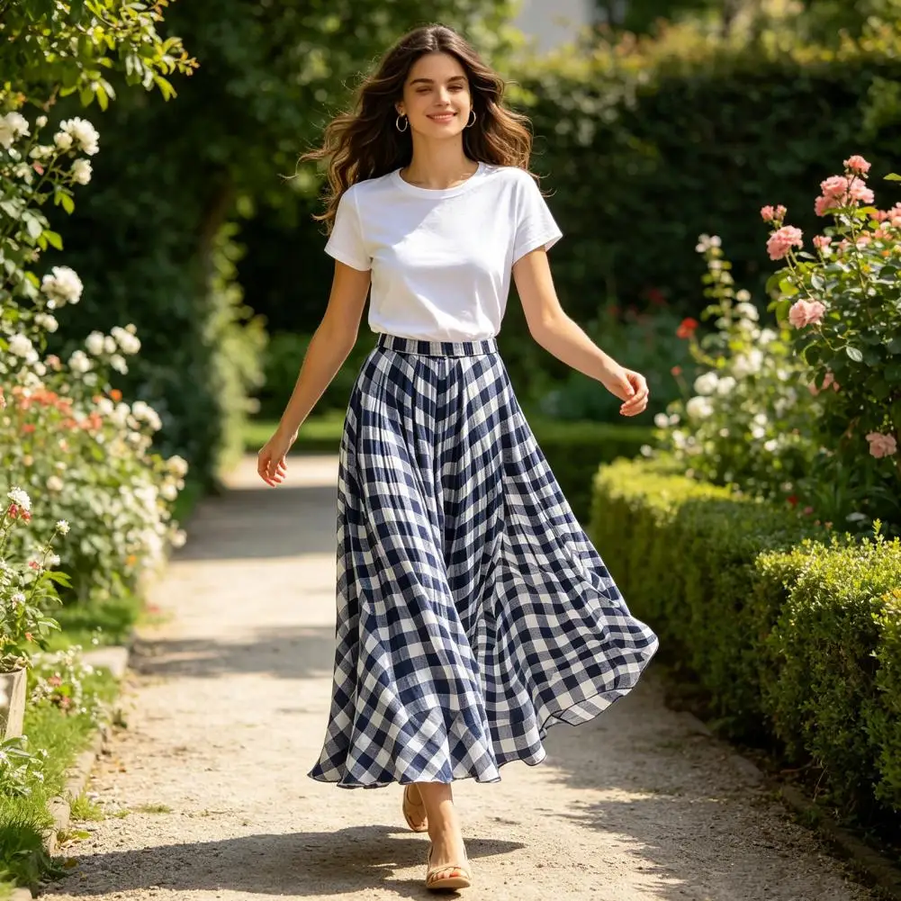 Plaid Print Maxi Skirt Elastic Waist Plaid Flowy Hem Lightweight Summer Skirt for Beach Travel Vacation Party