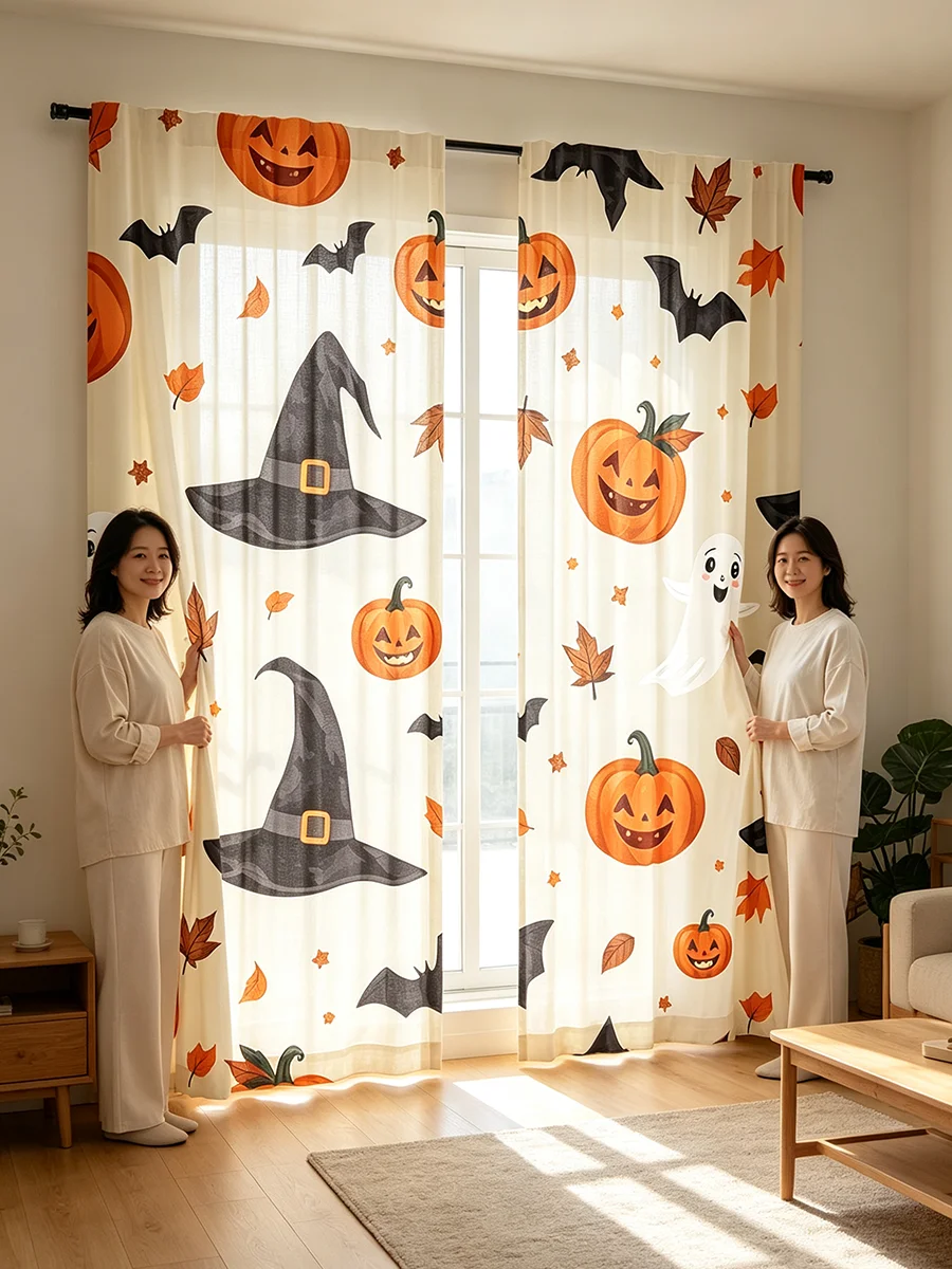 2PCS Digital Printed Curtains, Halloween Ghost Bat Autumn Leaves Pattern, Holiday Party Decoration for Bedroom Living Room Offic