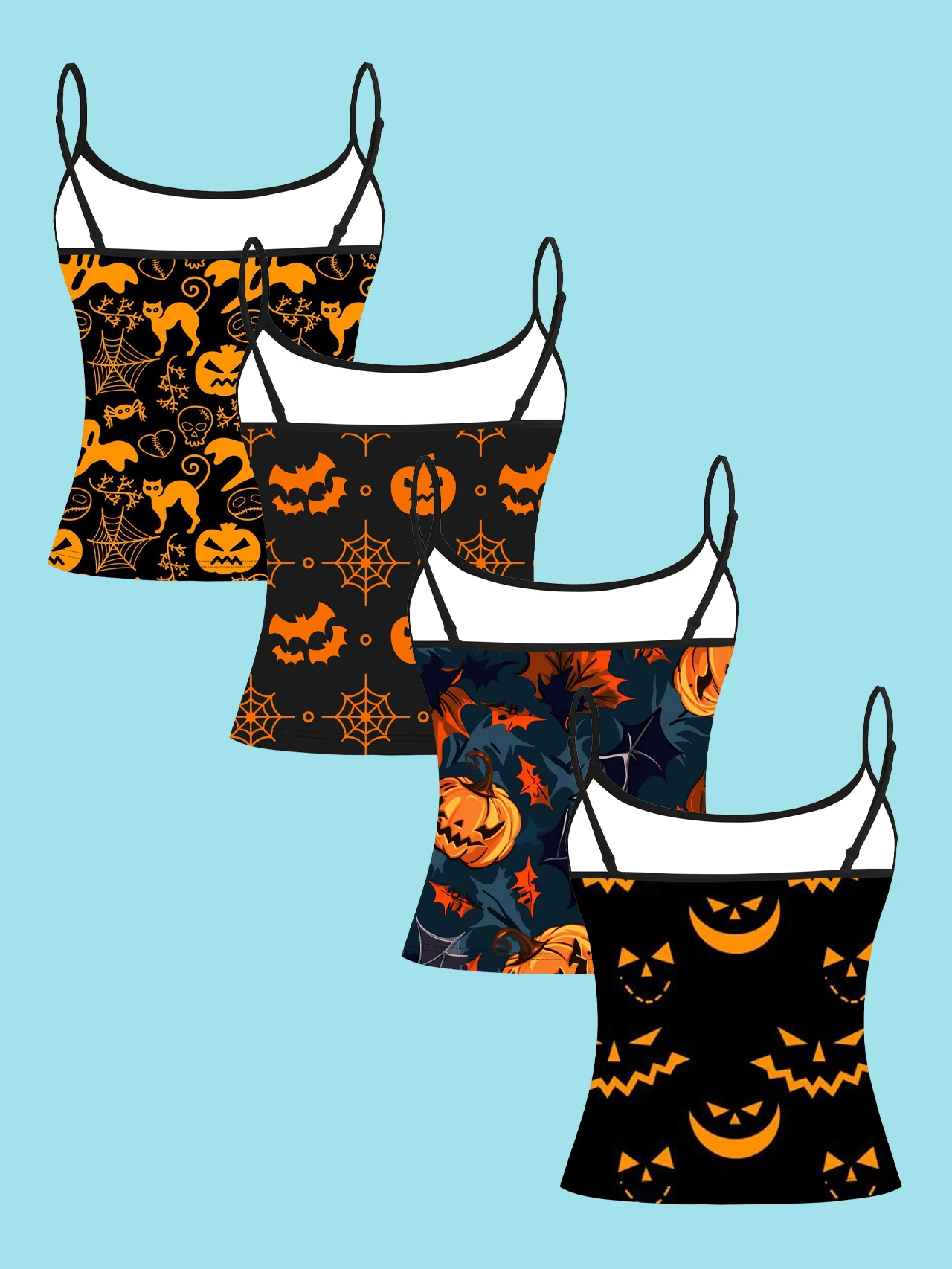 4-Pack Halloween All-Over Print Pumpkin Ghost Women's Camisole with Spider, Black Cat, Bat, Maple Leaf, and Ghost Face Patterns, Slim-Fit Spaghetti Strap Short Camisole Top