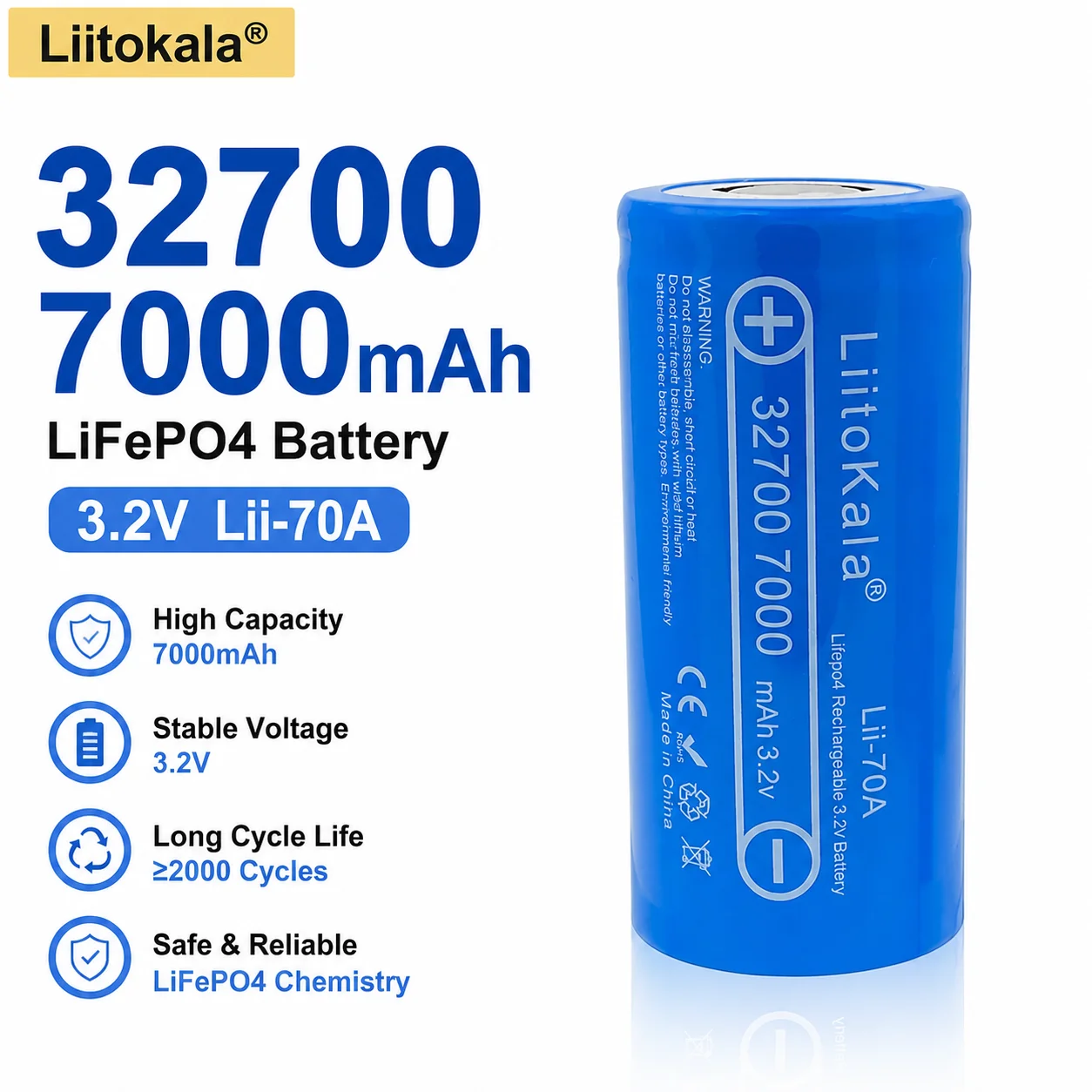 3.2V 32700 7000mAh LiFePO4 Rechargeable Battery High Power Cell for Electric Tools Scooter E-Bike Drill Lawn Mower