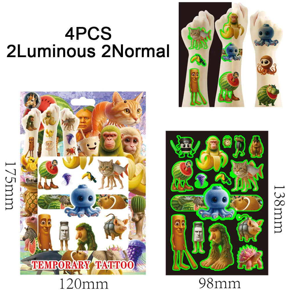 4 Lenzuola Cervello Italiano Tatuaggi Luminosi per I Bambini Tung Tung Sahur Tatuaggi Temporanei Adesivi Rifornimenti Del Partito Regali per I Bambini