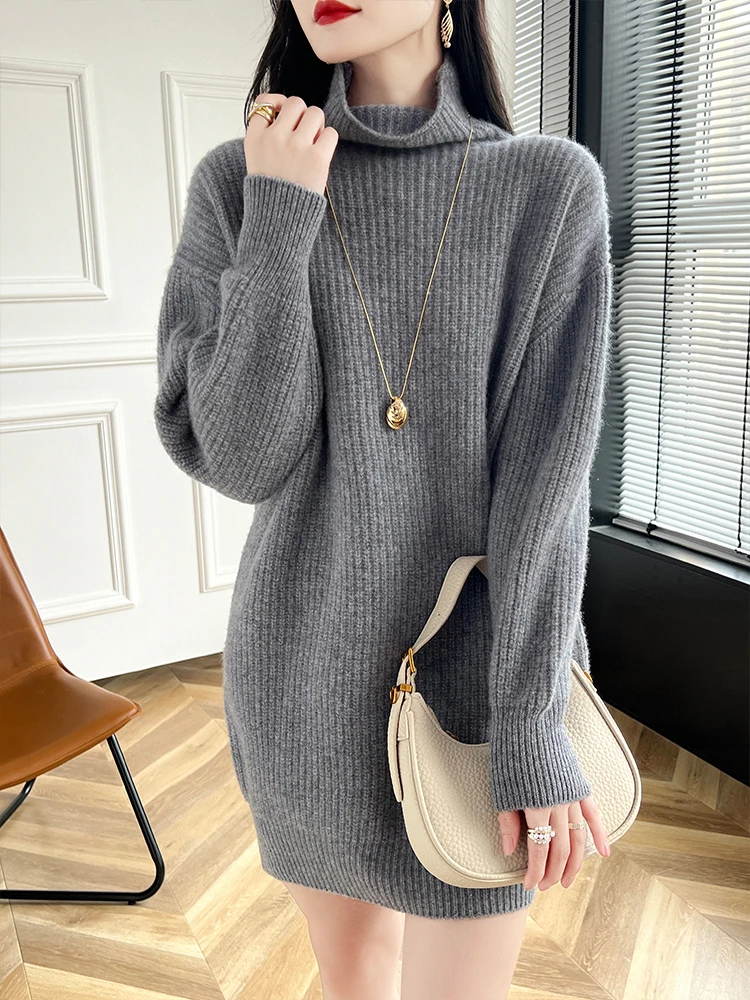 New Women Mid-Long Cashmere Pullover Turtleneck Sweater Autumn Winter Warm Loose Style 100% Merino Wool Knitwear Korean Fashion