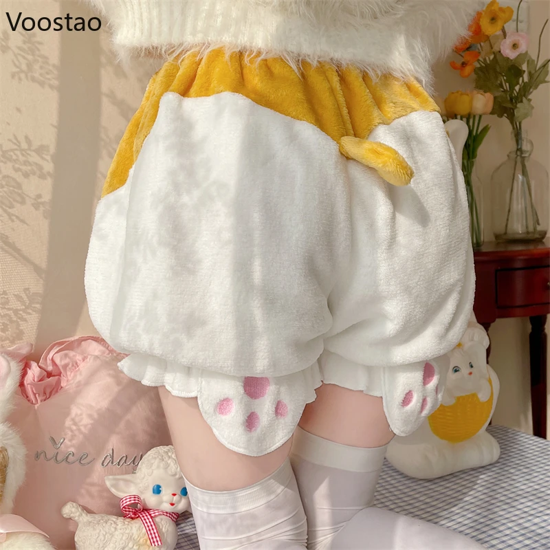 Autumn Winter Warm Lolita Safety Short Pants Women Sweet Cartoon Dog Pumpkin Shorts Girls Plush Home Clothes Kawaii JK Bloomers