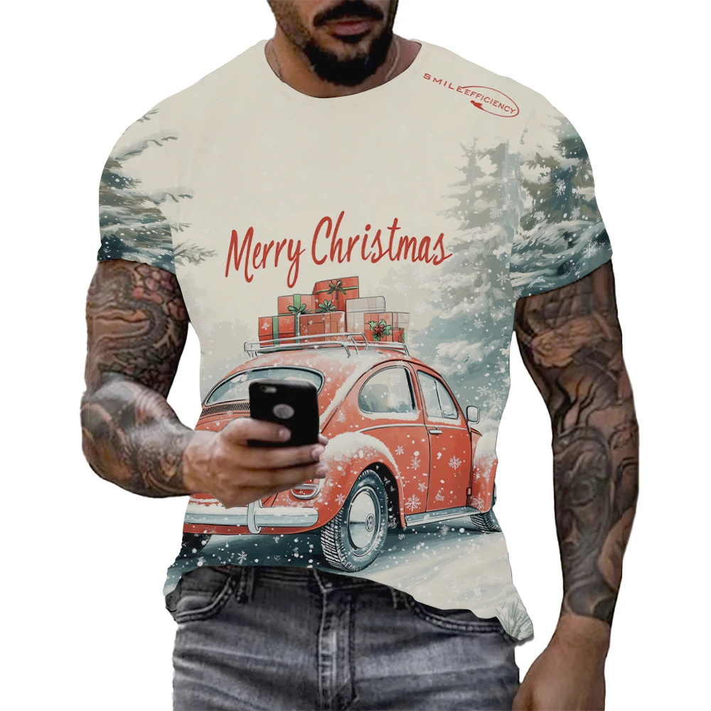 Christmas Snow Car Pattern 3D Printed T-shirt 100% Polyester Men's And Women's Loose Casual Short-sleeved Shirt Streetwear