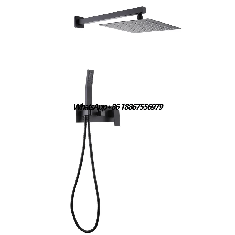 

Black Square Concealed Ceiling Mounted Rainfall Shower System with 4-Way Brass Faucet Waterfall Rain Soft Massage Spray Pattern
