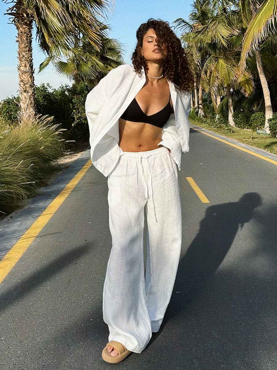 

2023 удобные хлопковые повседневные комплекты брюк, женские однотонные уютные рубашки с длинными рукавами и лацканами, летняя одежда, брючные костюмы с эластичной резинкой на талии