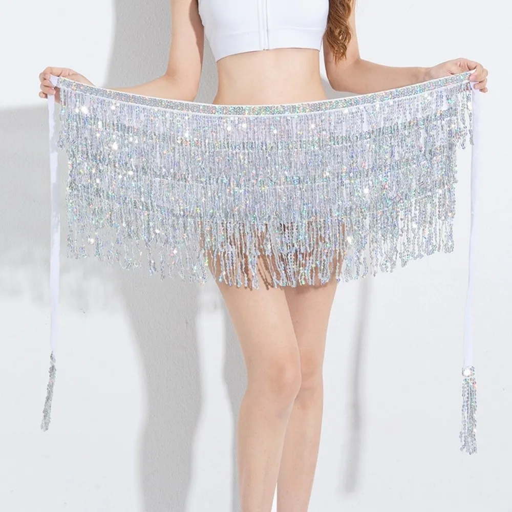 Shiny 4-Layer Latin Dance Hula Short Skirt Sequins Chiffon Belly Dance Waist Chain Multicolor Dress Tassel Hip Scarf Party