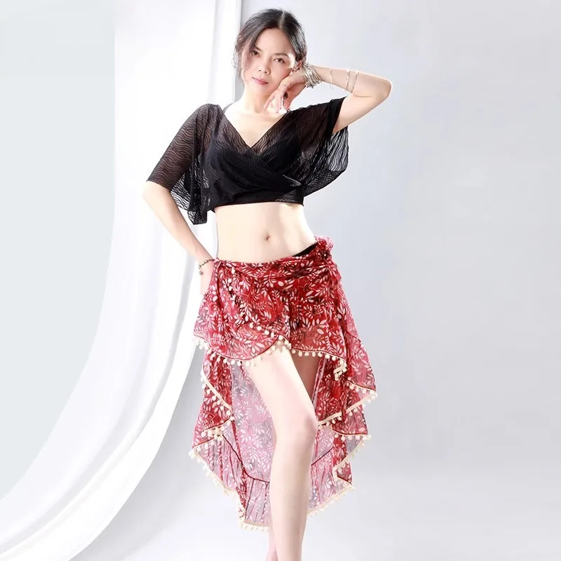 

Customized Eastern Belly Dance Costume Black Lace Practice Mesh Wide Sleeve Top with Strap Floating Floral Skirt