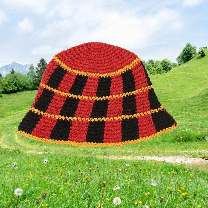 

Hand Knitted Plaid Bucket Hat Color Block Design Casual Versatile for Women Girls Daily Outdoor Travel Fashion Headwear