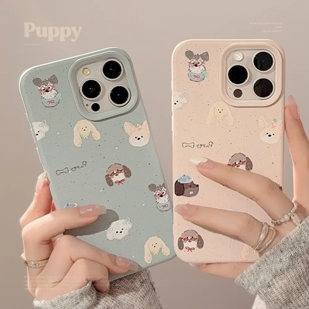 Ins Korean Splashing Ink Cartoon Dog Puppy Pink Blue Phone Case for iPhone 16 15 14 13 Pro Max 12 Back Cover