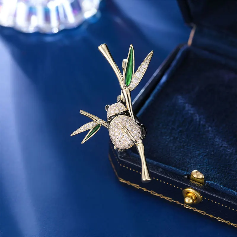 Chinese Style Cute Panda Green Bamboo Brooch Shiny Rhinestone Enamel Lucky Peace Auspicious Elegant Jewelry Gift For Daily Wear