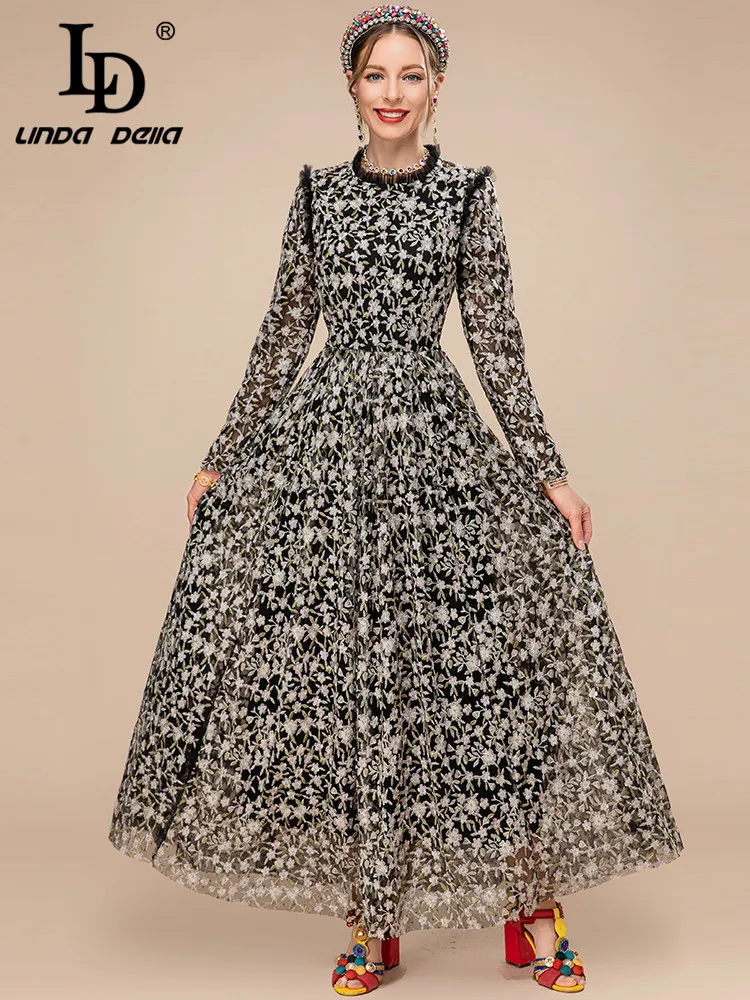 LD LINDA DELLA 2023 New Spring Runway Mesh Dress Women Long sleeve Floral Embroidery Black Vintage Elegant Party Long Dress