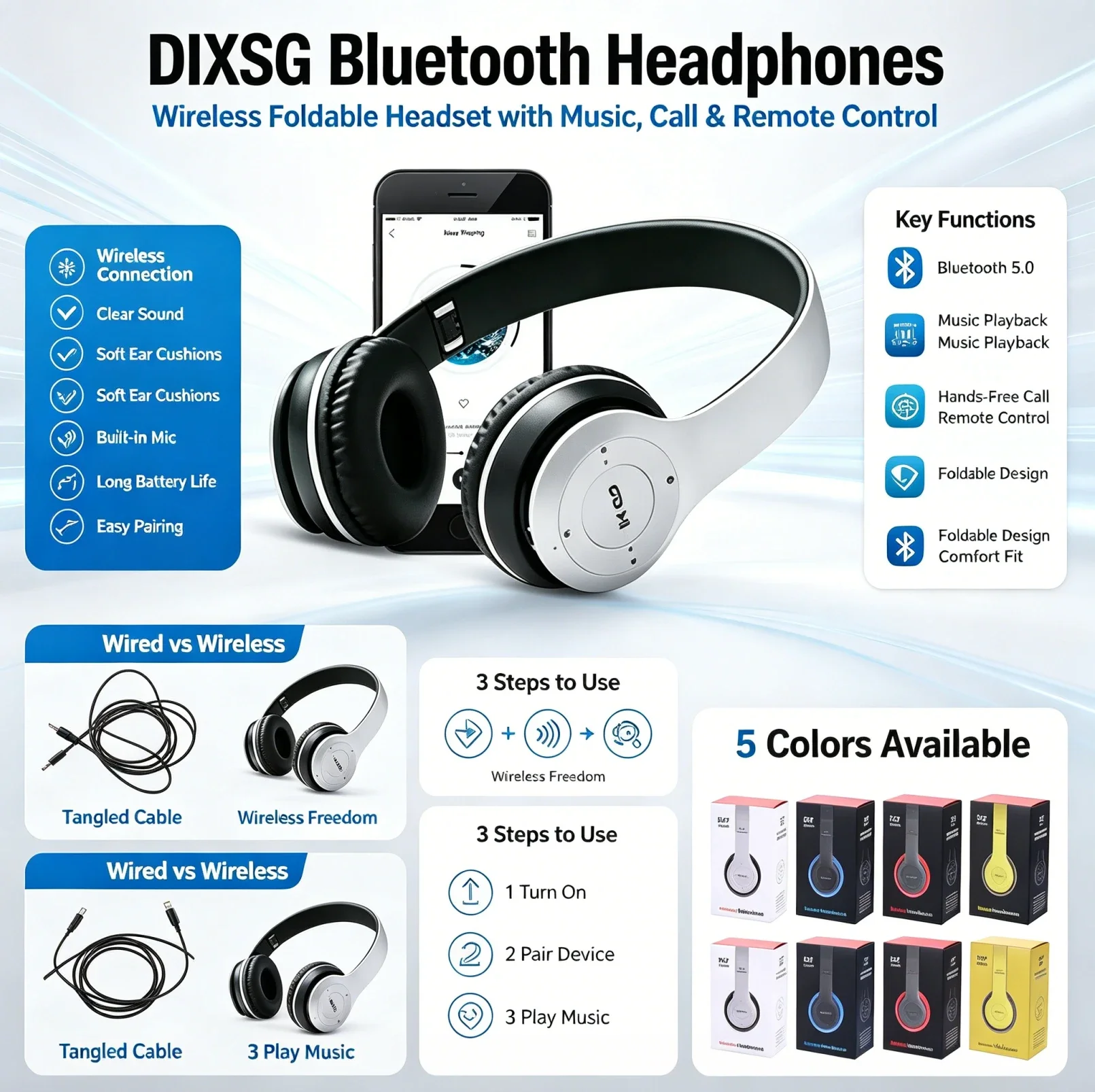 Stereo P47 Headset 5.0 Bluetooth Headset Folding Series Wireless Outdoor SportsHeadset for iPhone Samsung PC Game Accessories