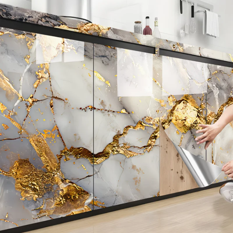 Waterproof Anti‑Abrasion Golden Marble Self‑Adhesive Backsplash Sticker High‑Temp Resistant Anti‑Oil Easy Install Kitchen Film