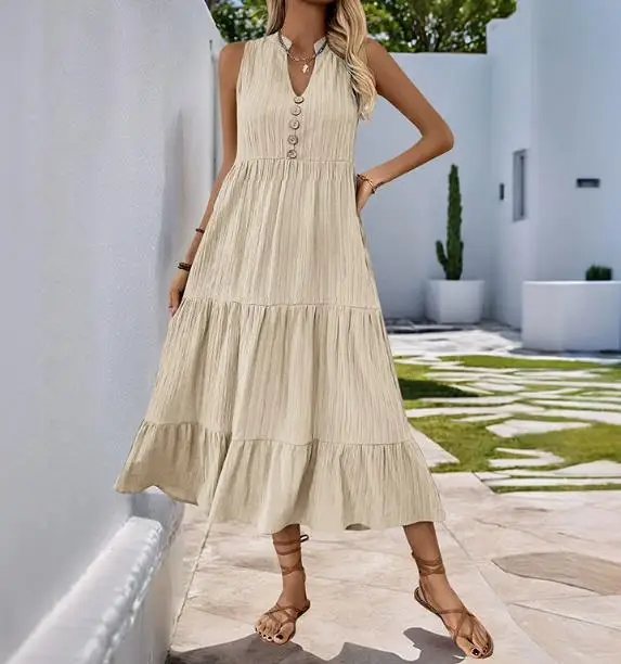 Women Dresses 2026 Spring Summer New Mid Length Pleated Solid Color V-Neck Sleeveless Button Decor Casual Loose Dress