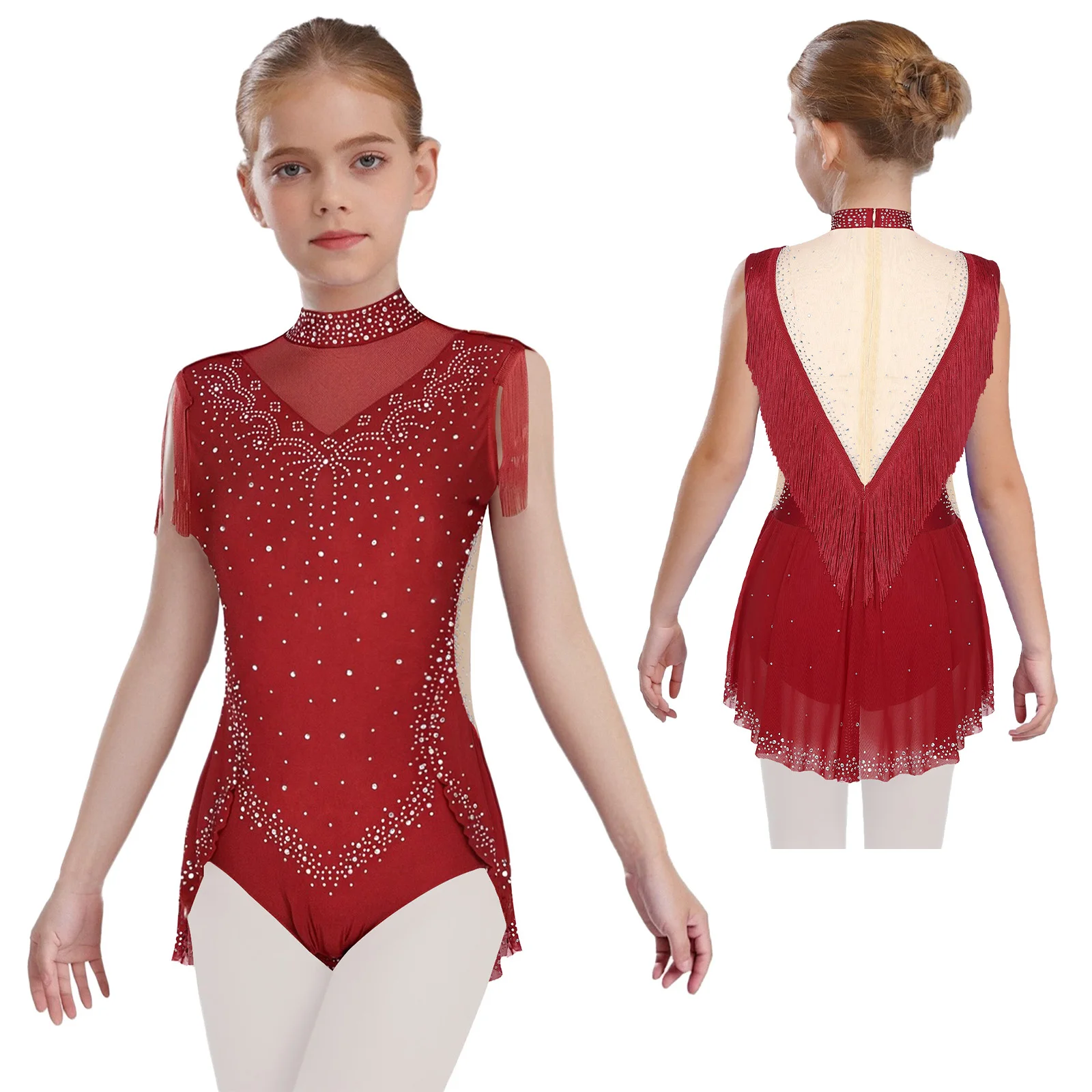 

Kid Girl Lyrical Latin Dance Costume Glittery Rhinestones Sleeveless Mesh Tassel Skirted Bodysuit Party Ballet Modern Dancewear