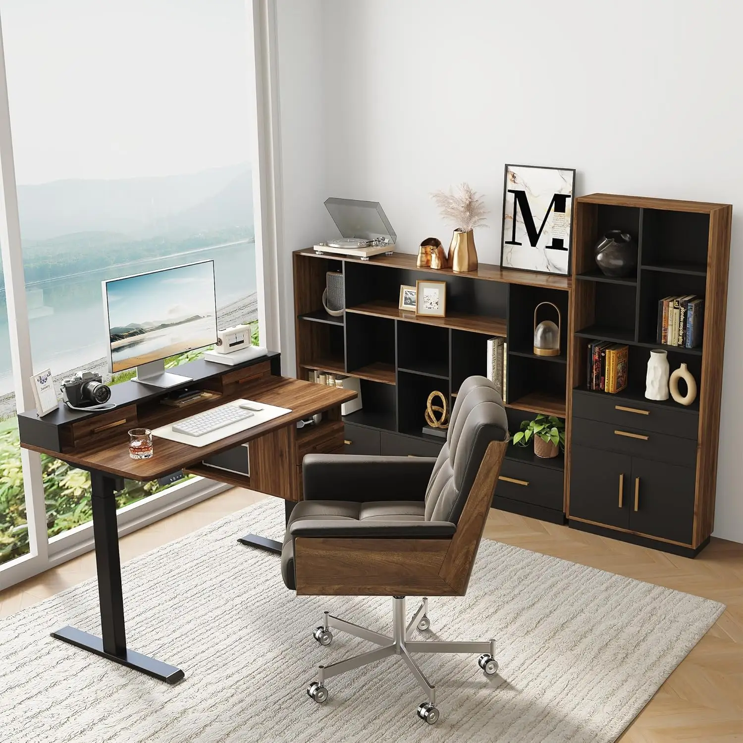 

Standing Desk with 2 Bookcase, Home Office Furniture Set, 60’’ Wide Bookshelf and 59’’ Tall Bookcase Modern Floor, Customized