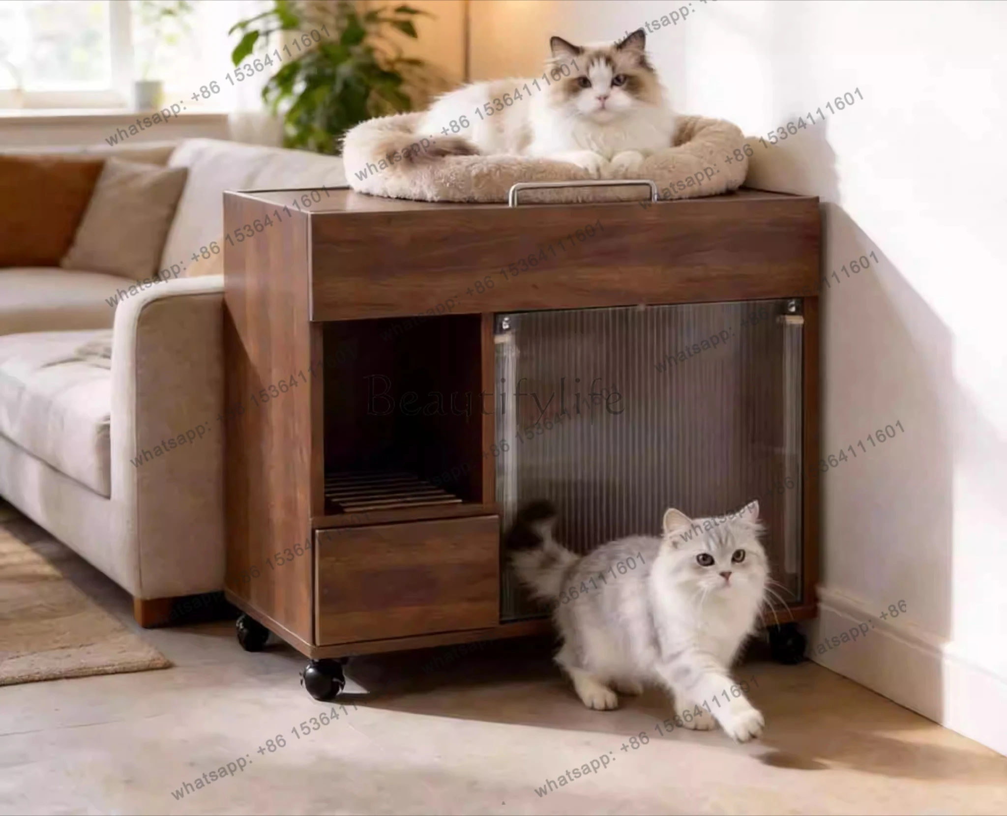 Cat toilet Solid wood Customizable deodorant anti-sputtering Semi-closed large storage removable