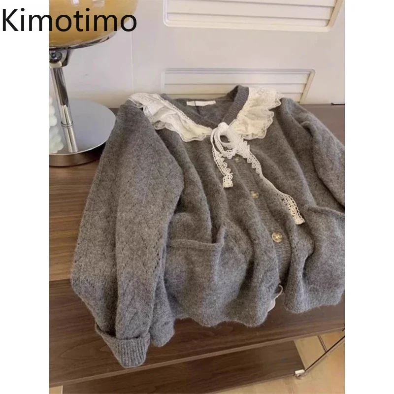 Kimotimo Japanese Lazy Style Lace Edge Knitted Cardigan Sweater Coat 2023 Autumn Winter Women Cute Sweet Gentle Doll Neck Tops