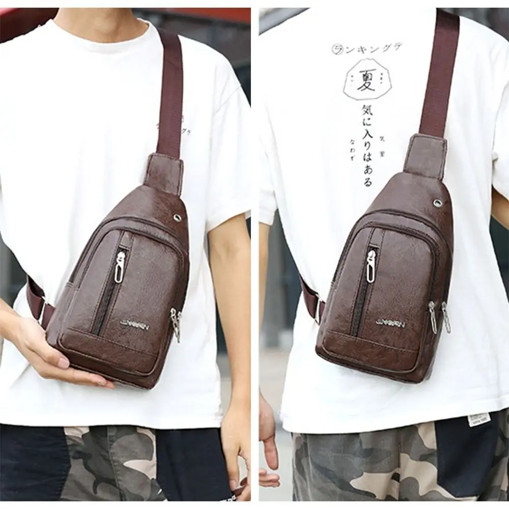 Solid Color Men's Sling Bag Fashion PU Leather Large Capacity Crossbody Bag with Earphones Hole Anti-theft Chest Bag